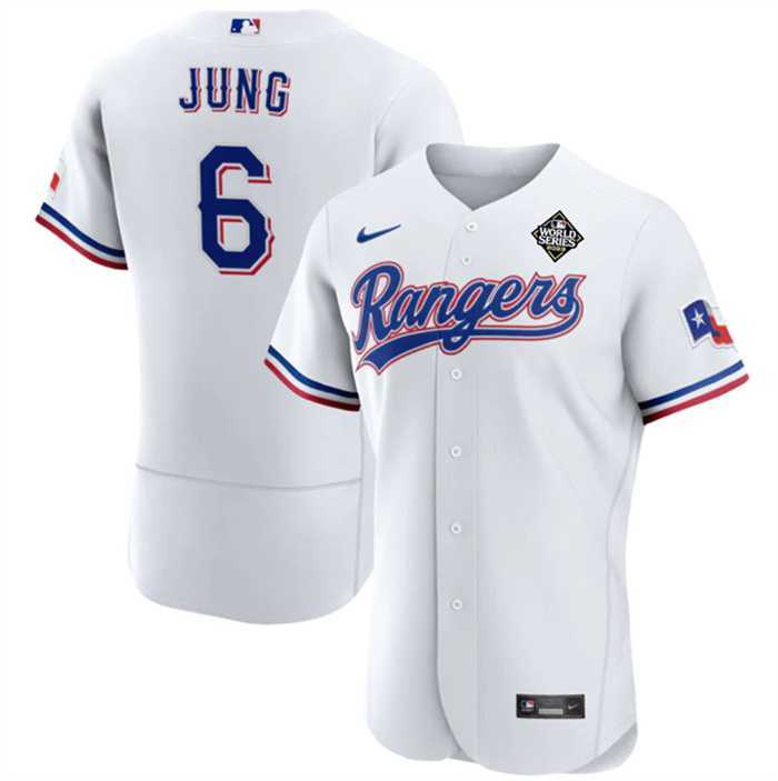 Mens Texas Rangers #6 Josh Jung White 2023 World Series Flex Base Stitched Baseball Jersey Dzhi